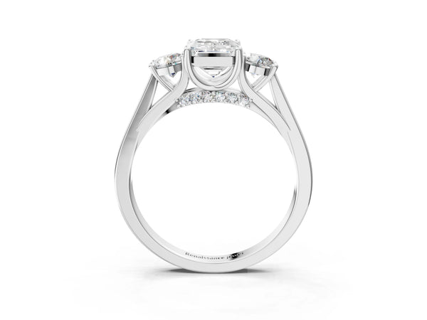 Silver Emerald Cut Diamond Three-Stone Engagement Ring with Prong Setting and Pavé Band