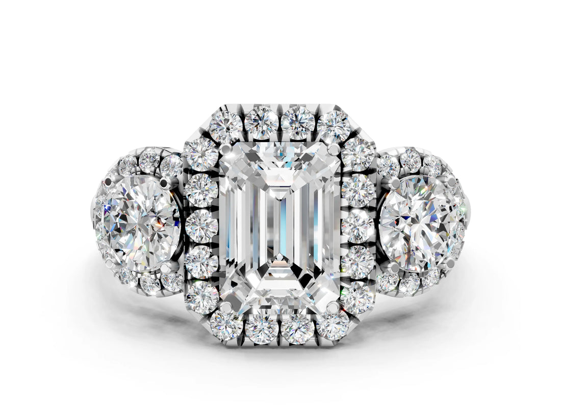 Silver Emerald Cut Diamond Three-Stone Halo Ring with Prong Setting and Pavé Accents_13