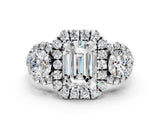 Silver Emerald Cut Diamond Three-Stone Halo Ring with Prong Setting and Pavé Accents_13