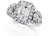 Silver Emerald Cut Diamond Three-Stone Halo Ring with Prong Setting and Pavé Accents_14