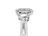 Silver Emerald Cut Diamond Three-Stone Ring with Prong Setting and Pavé Band_12