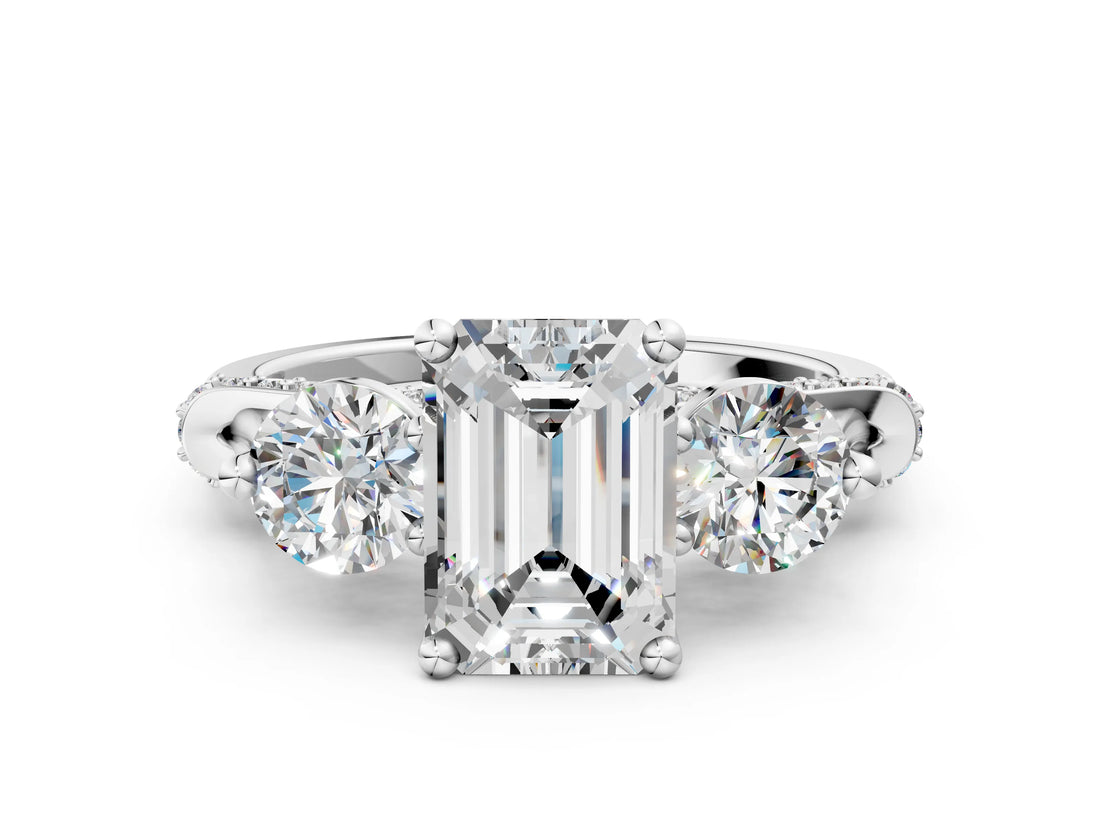 Silver Emerald Cut Diamond Three-Stone Ring with Prong Setting and Pavé Band_55
