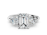 Silver Emerald Cut Diamond Three-Stone Ring with Prong Setting and Pavé Band_7