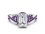 Silver Emerald Cut Diamond with Amethyst side stone Halo Twist Band Solitaire Prong Setting Ring