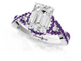 Silver Emerald Cut Diamond with Amethyst side stone Halo Twist Band Solitaire Prong Setting Ring_1