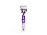Silver Emerald Cut Diamond with Amethyst side stone Halo Twist Band Solitaire Prong Setting Ring_2