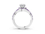 Silver Emerald Cut Diamond with Amethyst side stone Halo Twist Band Solitaire Prong Setting Ring_3
