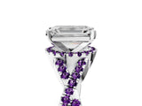Silver Emerald Cut Diamond with Amethyst side stone Halo Twist Band Solitaire Prong Setting Ring_5