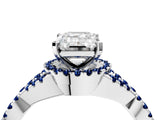 Silver Emerald Cut Diamond with Blue Sapphire side stone Halo Twist Band Solitaire Prong Setting Ring_4