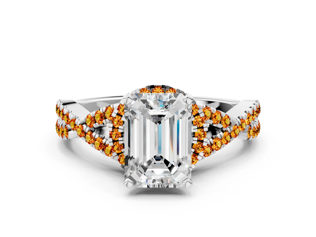 Silver Emerald Cut Diamond with Citrine side stone Halo Twist Band Solitaire Prong Setting Ring