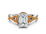 Silver Emerald Cut Diamond with Citrine side stone Halo Twist Band Solitaire Prong Setting Ring