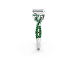 Silver Emerald Cut Diamond with Emerald side stone Halo Twist Band Solitaire Prong Setting Ring_2