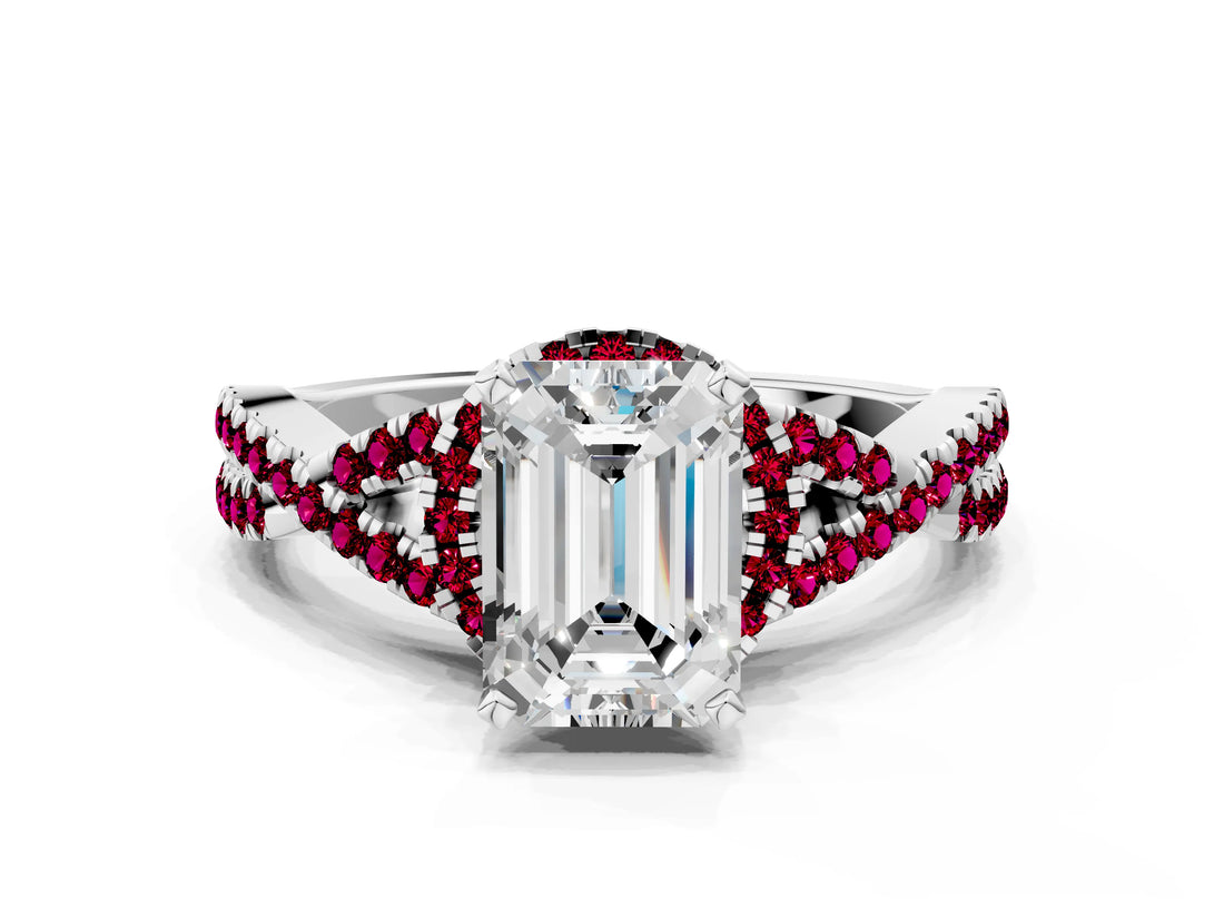 Silver Emerald Cut Diamond with Garnet side stone Halo Twist Band Solitaire Prong Setting Ring