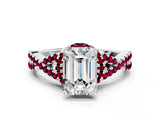 Silver Emerald Cut Diamond with Garnet side stone Halo Twist Band Solitaire Prong Setting Ring