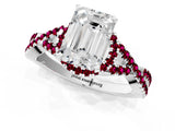Silver Emerald Cut Diamond with Garnet side stone Halo Twist Band Solitaire Prong Setting Ring_1