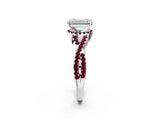 Silver Emerald Cut Diamond with Garnet side stone Halo Twist Band Solitaire Prong Setting Ring_2