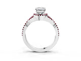 Silver Emerald Cut Diamond with Garnet side stone Halo Twist Band Solitaire Prong Setting Ring_3