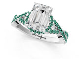 Silver Emerald Cut Diamond with Green Sapphire side stone Halo Twist Band Solitaire Prong Setting Ring_1