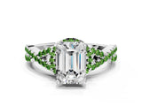 Silver Emerald Cut Diamond with Peridot side stone Halo Twist Band Solitaire Prong Setting Ring