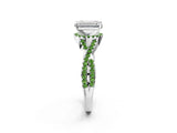 Silver Emerald Cut Diamond with Peridot side stone Halo Twist Band Solitaire Prong Setting Ring_2