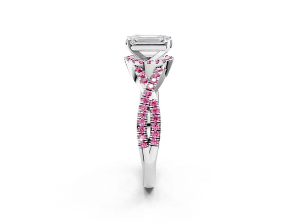 Silver Emerald Cut Diamond with Pink Sapphire side stone Halo Twist Band Solitaire Prong Setting Ring