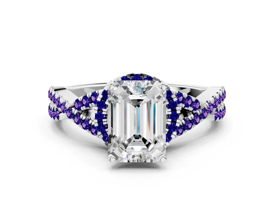 Silver Emerald Cut Diamond with Tanzanite side stone Halo Twist Band Solitaire Prong Setting Ring