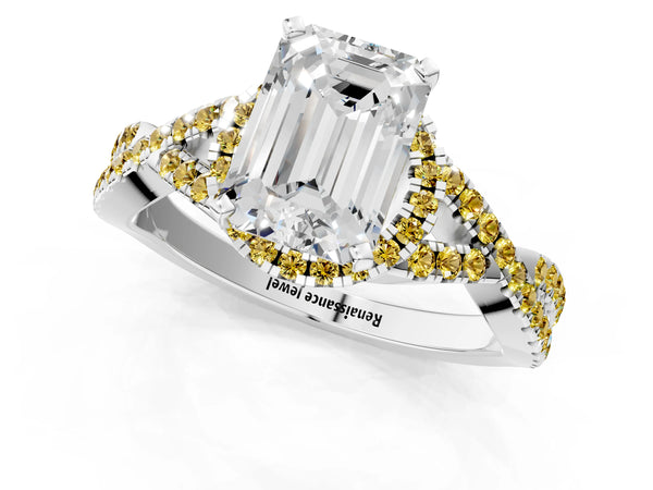 Silver Emerald Cut Diamond with Yellow Sapphire side stone Halo Twist Band Solitaire Prong Setting Ring