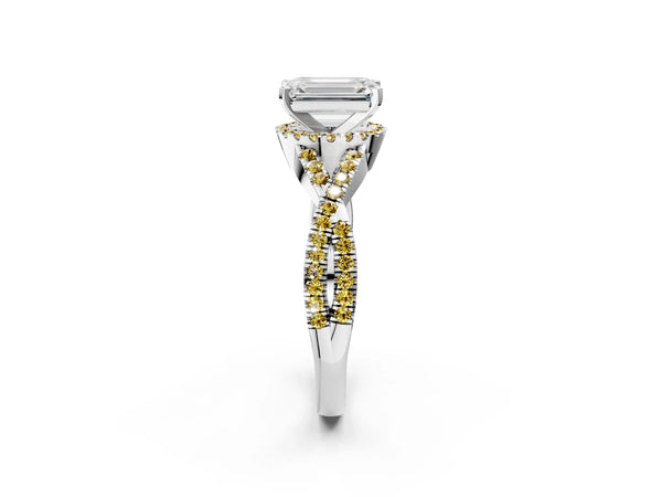 Silver Emerald Cut Diamond with Yellow Sapphire side stone Halo Twist Band Solitaire Prong Setting Ring