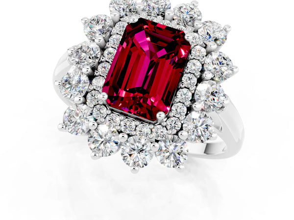 Silver Emerald Cut Garnet Floral Double Halo Engagement Ring with Prong Setting