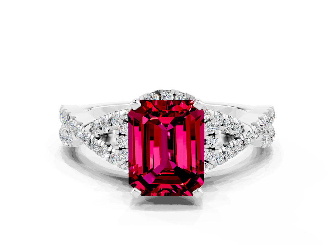 Silver Emerald Cut Garnet  Halo Twist Band Solitaire Prong Setting Ring_18