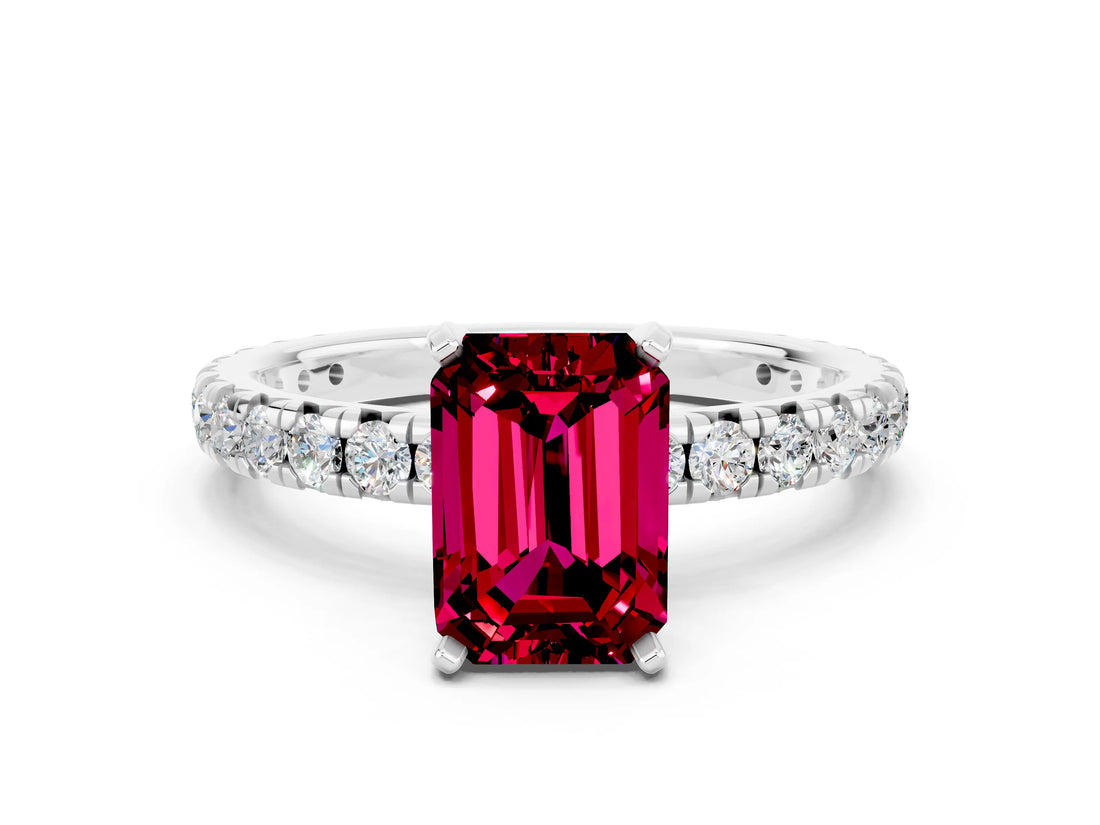 Silver Emerald Cut Garnet Pavé Solitaire Ring with Round Band and Prong Setting_42