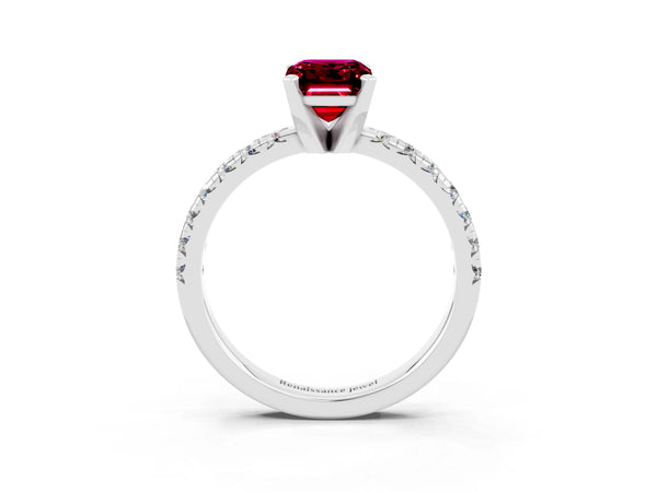 Silver Emerald Cut Garnet Solitaire Pavé Engagement Ring with Round Band and Prong Setting