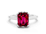 Silver Emerald Cut Garnet Solitaire Ring with Flower Prong Setting and Classic Band