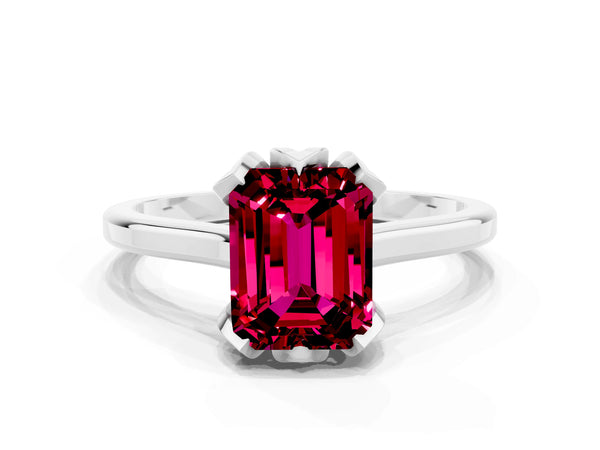 Sterling Silver Emerald Cut Garnet Floral Solitaire Engagement Ring with Plain Band