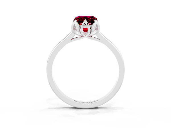 Sterling Silver Emerald Cut Garnet Floral Solitaire Engagement Ring with Plain Band
