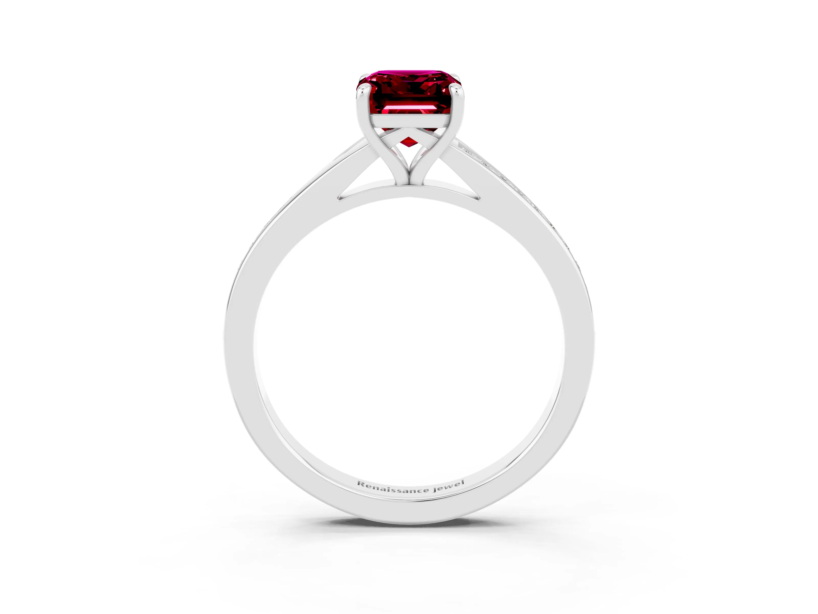 Silver Emerald Cut Garnet Solitaire Ring with Pavé Band and Prong Setting_15