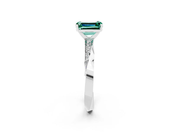 Silver Emerald Cut Green Sapphire Engagement Ring with Side Stone Accents and Four-Prong Setting