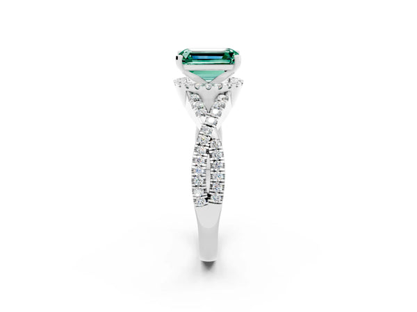 Silver Emerald Cut Green Sapphire  Halo Twist Band Solitaire Prong Setting Ring