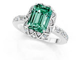 Silver Emerald Cut Green Sapphire Scalloped Halo Engagement Ring with Round Shared Prong Band_31