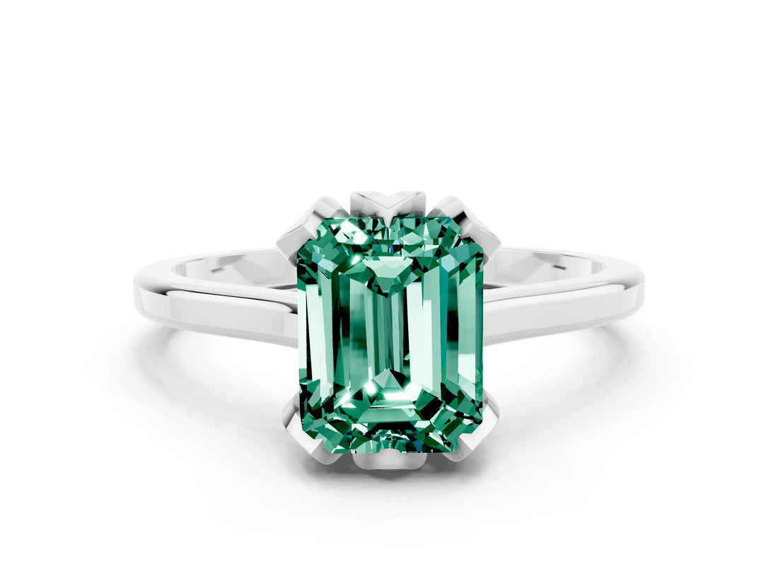 Silver Emerald Cut Green Sapphire Solitaire Ring with Flower Prong Setting and Classic Band_12