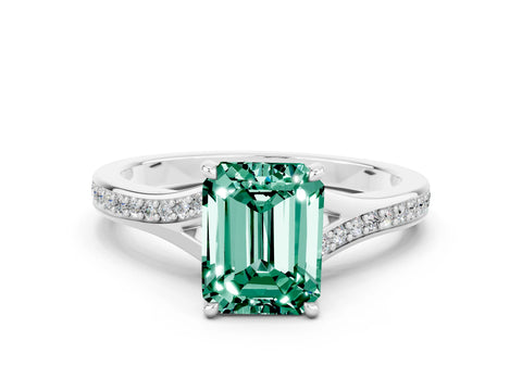 Silver Emerald Cut Green Sapphire Solitaire Ring with Pavé Band and Prong Setting_24