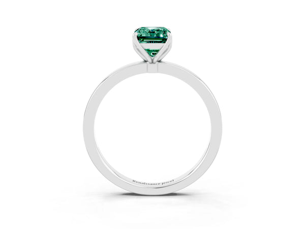 Silver Emerald Cut Green Sapphire Solitaire Ring with Thin Band and Prong Setting