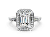 Silver Emerald Cut Halo Bezel Diamond Pave Band Ring_13