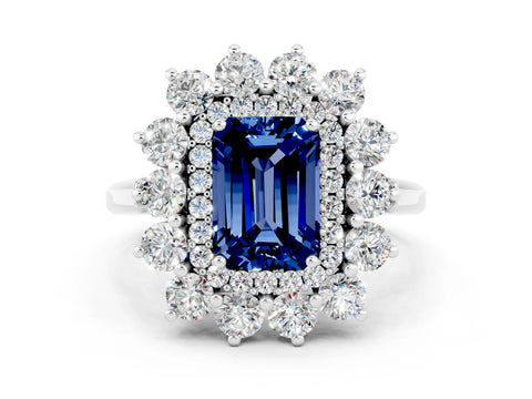 Silver Emerald Cut Halo Cluster Diamond Ring with Pave Band and Four-Prong Setting_18