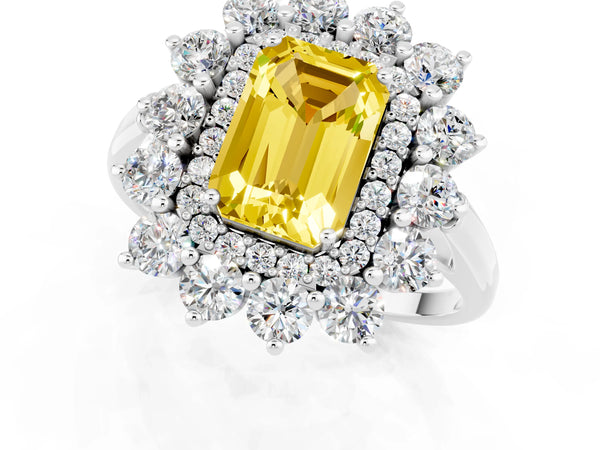 Silver Emerald Cut Yellow Sapphire Floral Double Halo Engagement Ring with Prong Setting