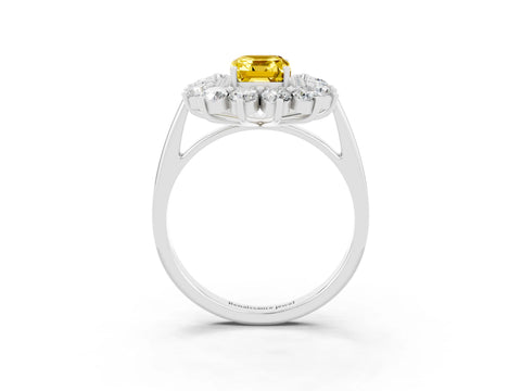 Silver Emerald Cut Halo Cluster Diamond Ring with Pave Band and Four-Prong Setting_23