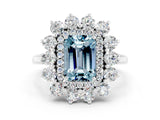 Silver Emerald Cut Halo Cluster Diamond Ring with Pave Band and Four-Prong Setting_24