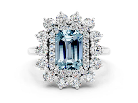 Silver Emerald Cut Halo Cluster Diamond Ring with Pave Band and Four-Prong Setting_24
