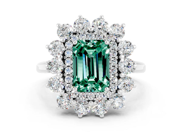 Silver Emerald Cut Green Sapphire Floral Double Halo Engagement Ring with Prong Setting