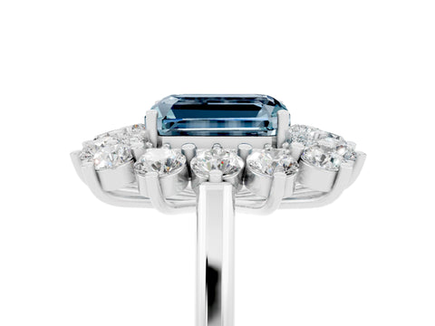 Silver Emerald Cut Halo Cluster Diamond Ring with Pave Band and Four-Prong Setting_35